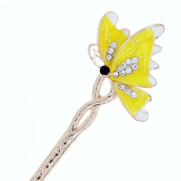 Enamel Butterfly Hair Stick with Rhinestones