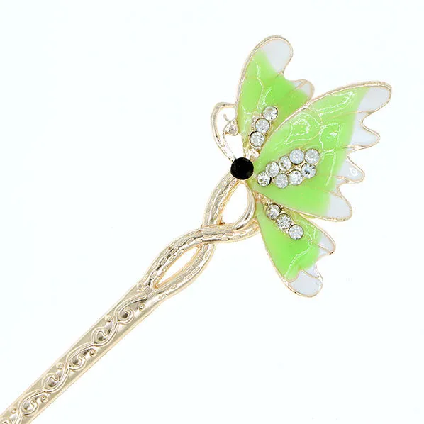 Enamel Butterfly Hair Stick with Rhinestones