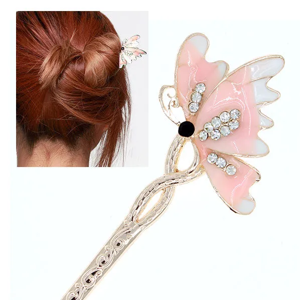 Enamel Butterfly Hair Stick with Rhinestones