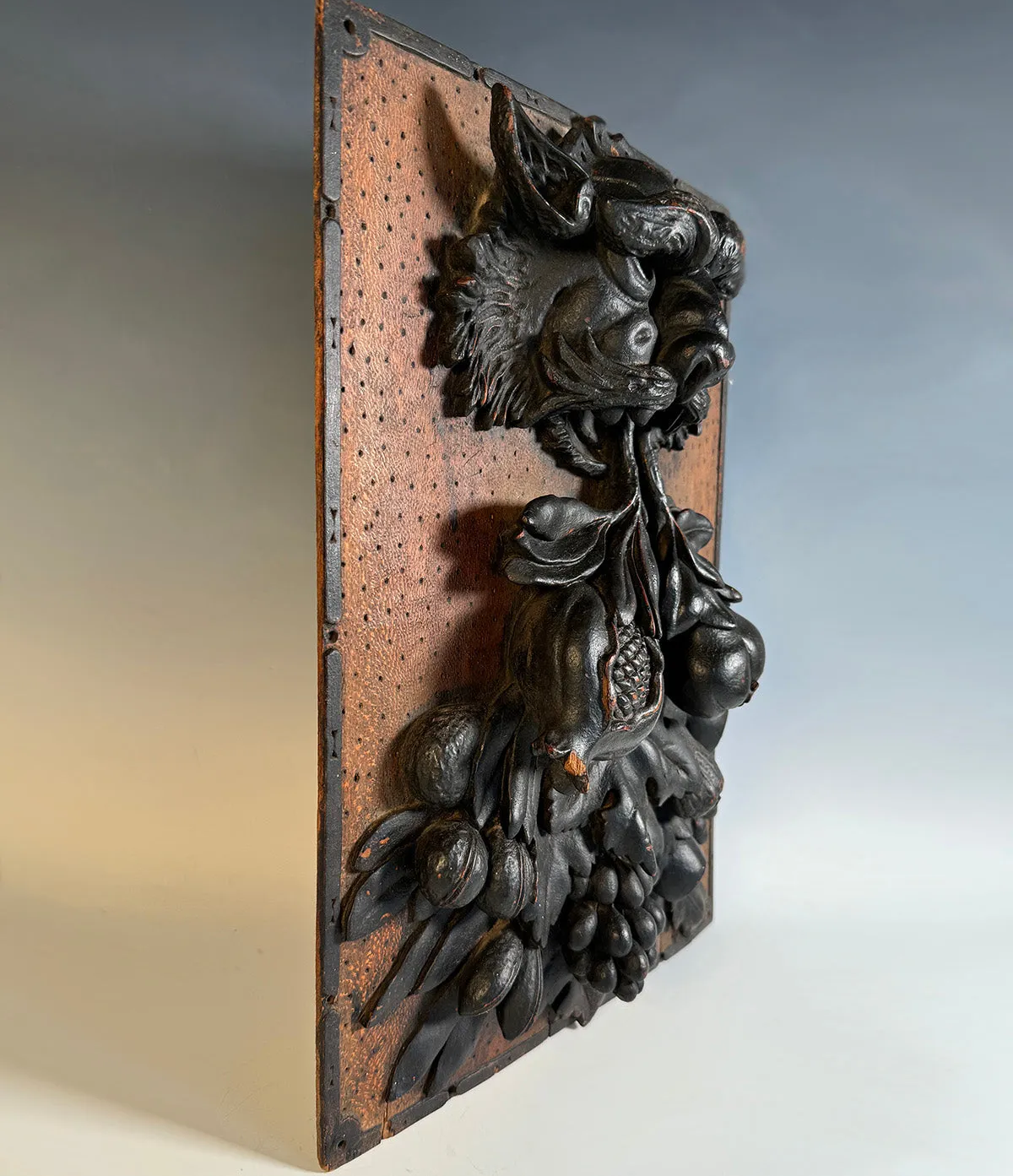 Fabulous Deep Bas Relief Hand Carved Figure and Fruit, a Panel Salvage from 18th c or Earlier.