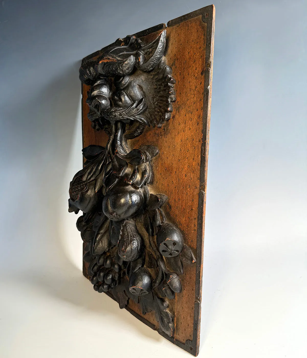 Fabulous Deep Bas Relief Hand Carved Figure and Fruit, a Panel Salvage from 18th c or Earlier.