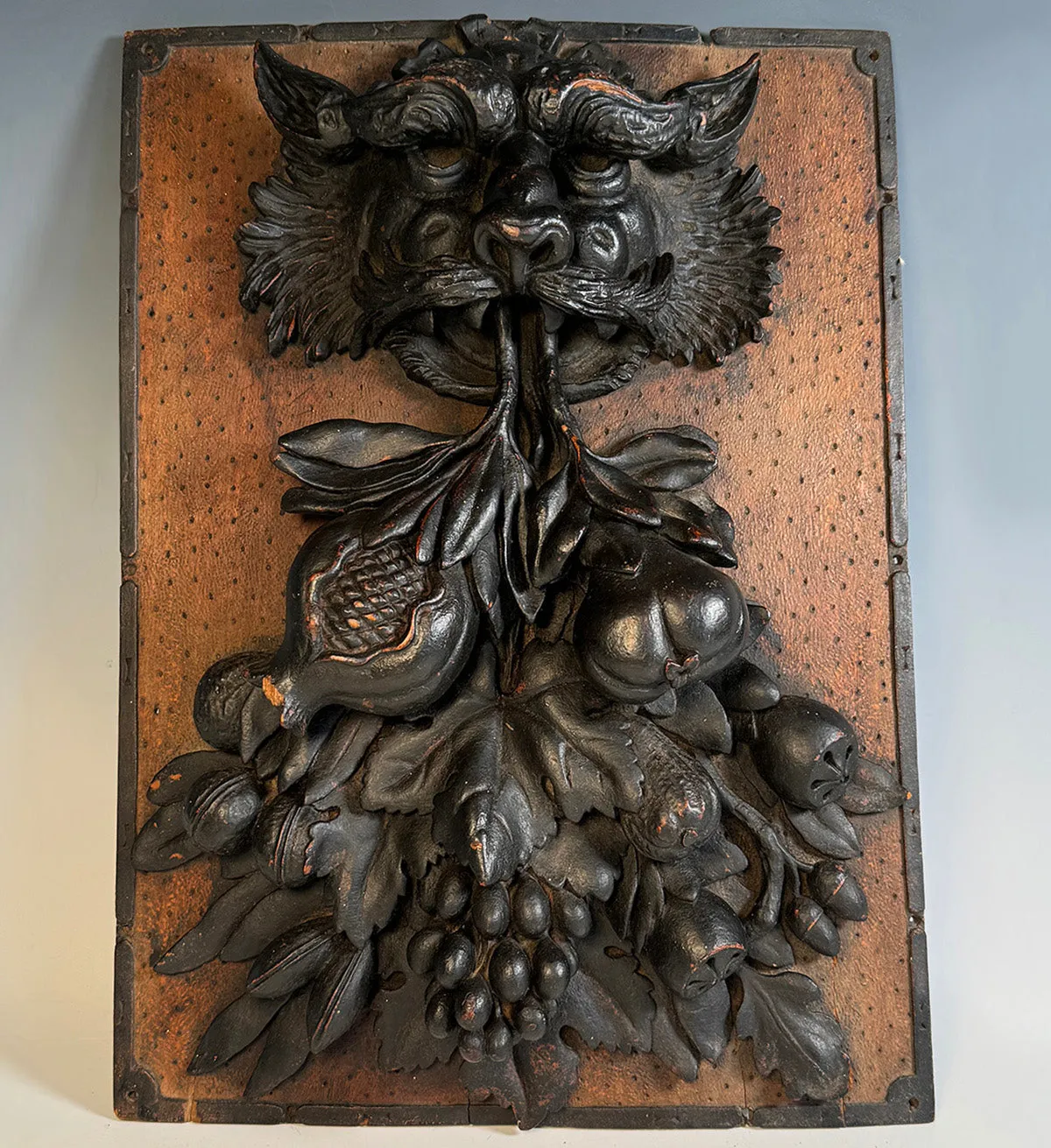Fabulous Deep Bas Relief Hand Carved Figure and Fruit, a Panel Salvage from 18th c or Earlier.