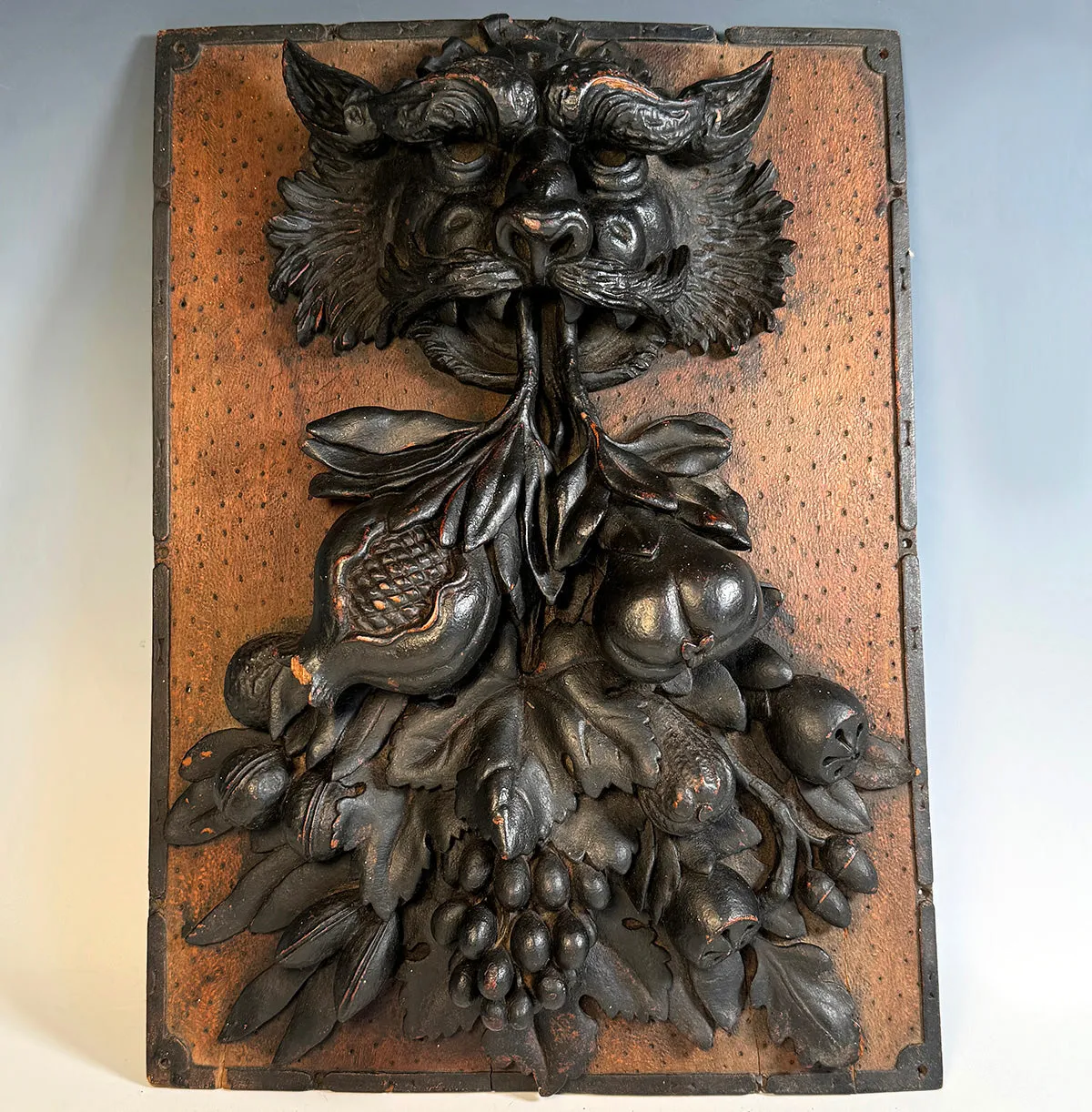 Fabulous Deep Bas Relief Hand Carved Figure and Fruit, a Panel Salvage from 18th c or Earlier.