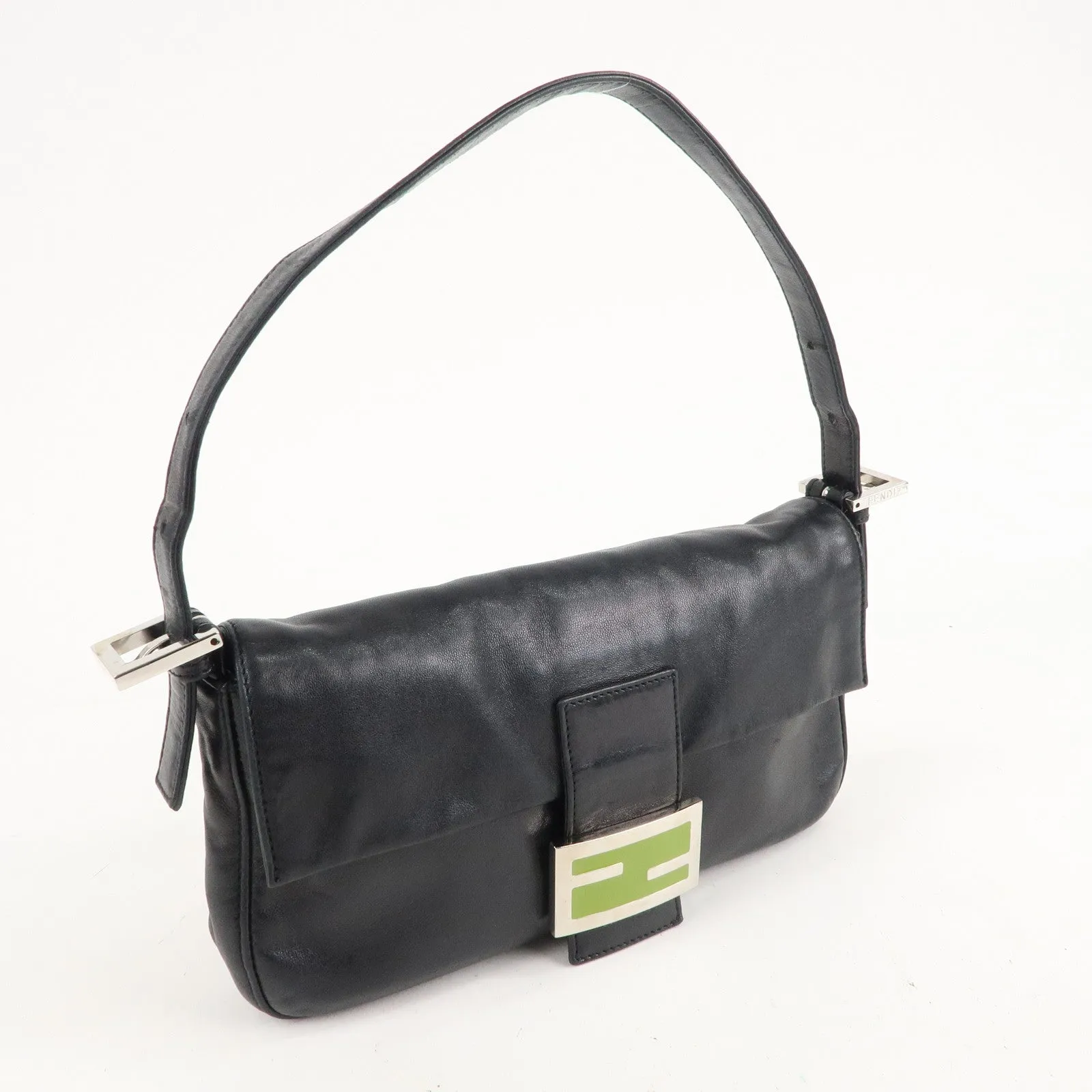FENDI Mamma Baguette Leather Hand Bag Shoulder Bag Black Green