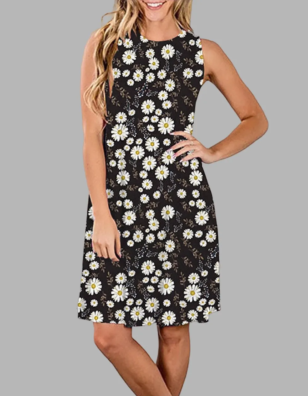 Floral Print Sleeveless Round Neck Loose Midi A-Line Dresses