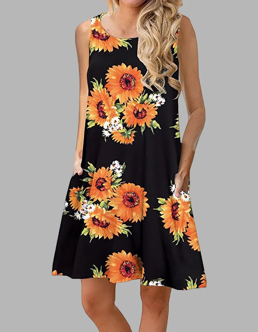 Floral Print Sleeveless Round Neck Loose Midi A-Line Dresses