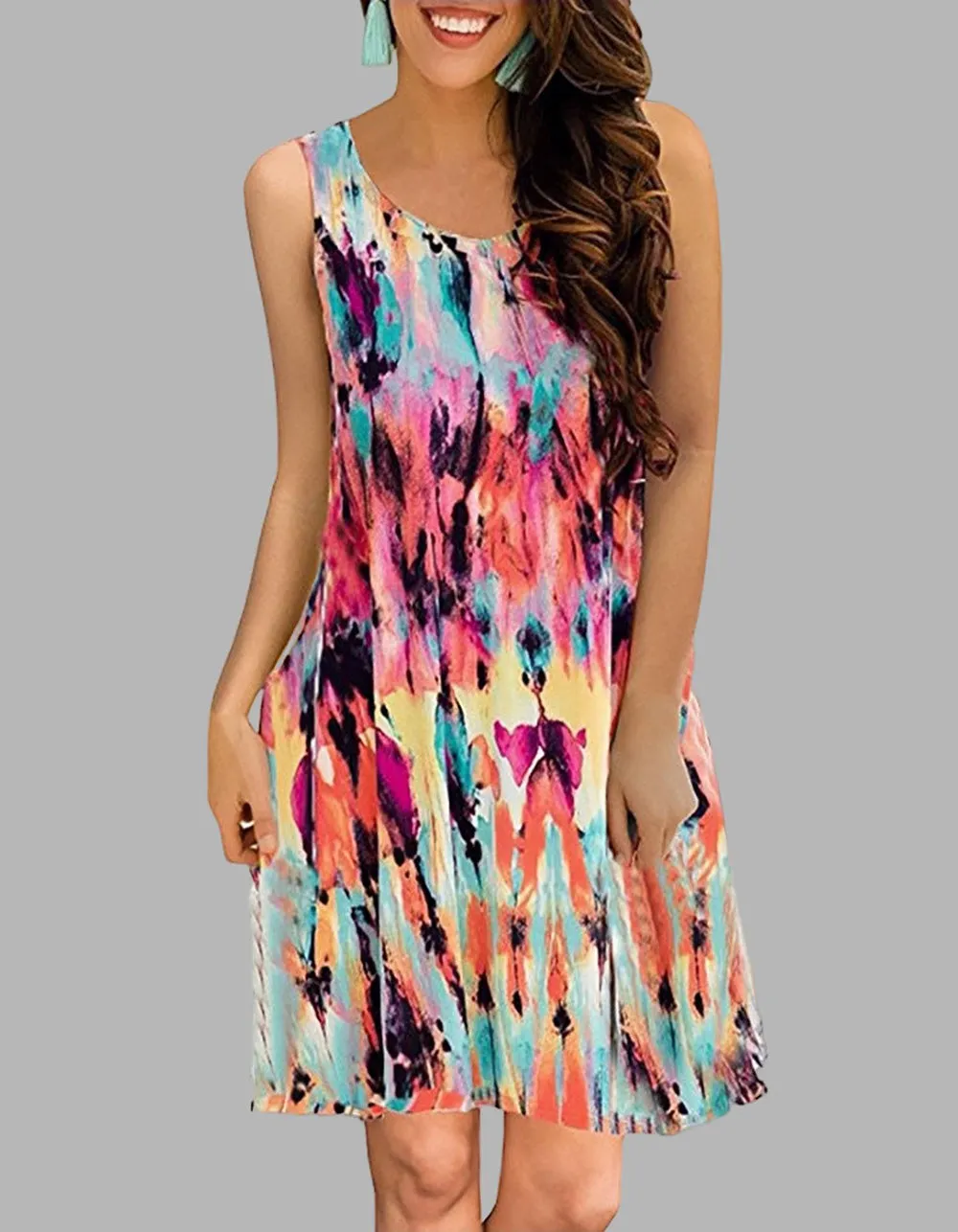 Floral Print Sleeveless Round Neck Loose Midi A-Line Dresses