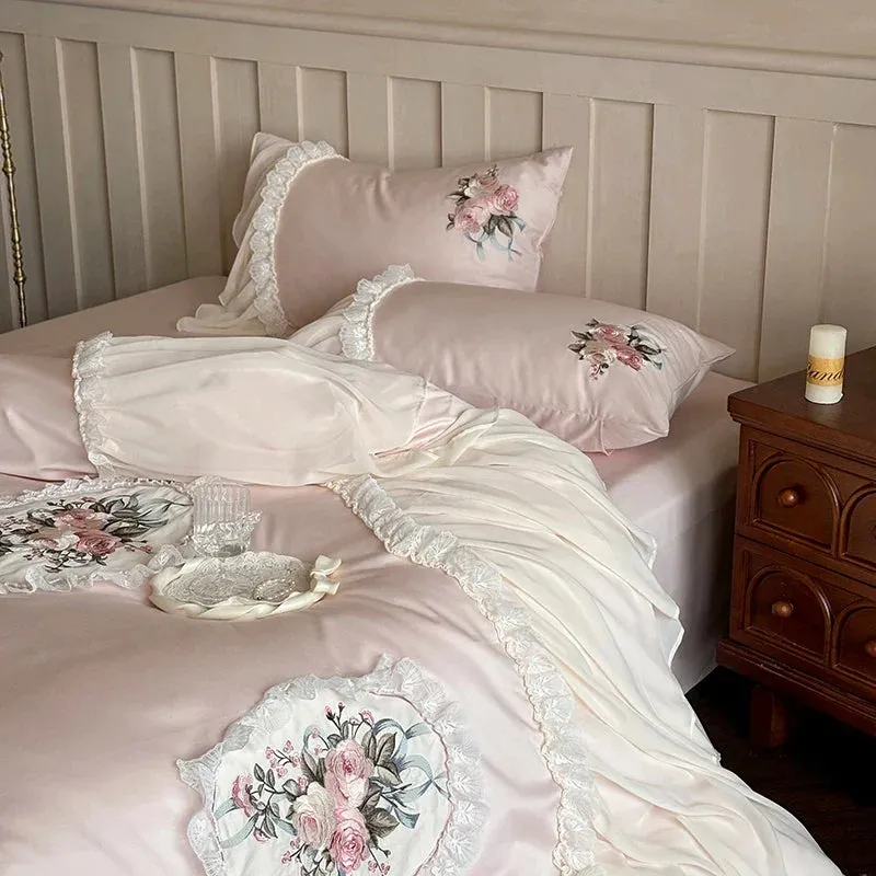 Flytonn-Pink Flowers Embroidery Lace Ruffles Wedding Bedding Set 1000TC Egyptian Cotton Duvet Cover Flat/Fitted Bed Sheet Pillowcases