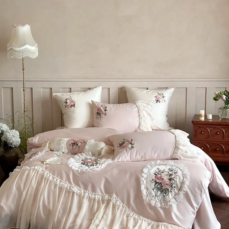 Flytonn-Pink Flowers Embroidery Lace Ruffles Wedding Bedding Set 1000TC Egyptian Cotton Duvet Cover Flat/Fitted Bed Sheet Pillowcases