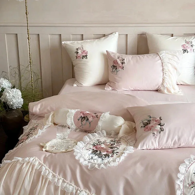 Flytonn-Pink Flowers Embroidery Lace Ruffles Wedding Bedding Set 1000TC Egyptian Cotton Duvet Cover Flat/Fitted Bed Sheet Pillowcases