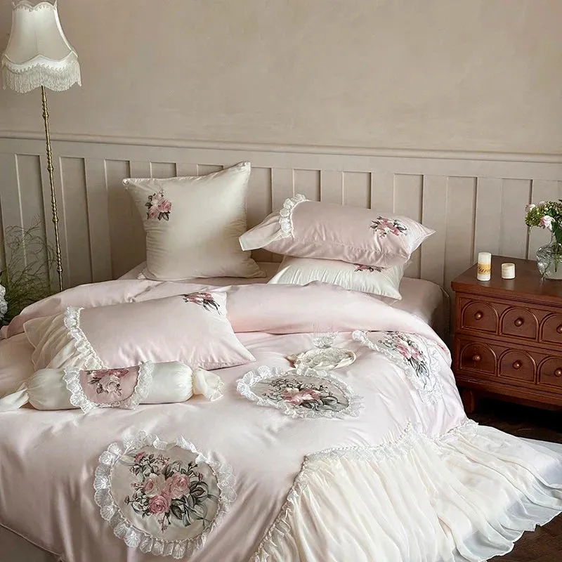 Flytonn-Pink Flowers Embroidery Lace Ruffles Wedding Bedding Set 1000TC Egyptian Cotton Duvet Cover Flat/Fitted Bed Sheet Pillowcases