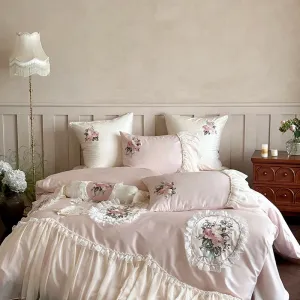 Flytonn-Pink Flowers Embroidery Lace Ruffles Wedding Bedding Set 1000TC Egyptian Cotton Duvet Cover Flat/Fitted Bed Sheet Pillowcases
