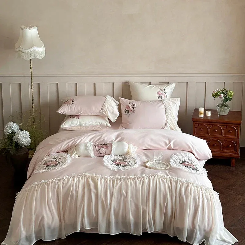 Flytonn-Pink Flowers Embroidery Lace Ruffles Wedding Bedding Set 1000TC Egyptian Cotton Duvet Cover Flat/Fitted Bed Sheet Pillowcases