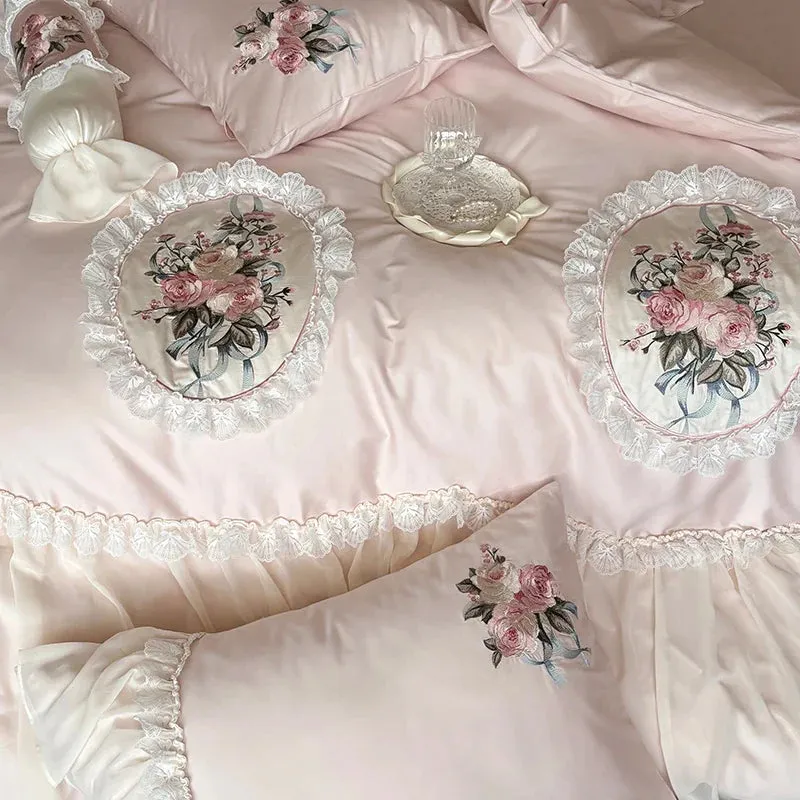 Flytonn-Pink Flowers Embroidery Lace Ruffles Wedding Bedding Set 1000TC Egyptian Cotton Duvet Cover Flat/Fitted Bed Sheet Pillowcases