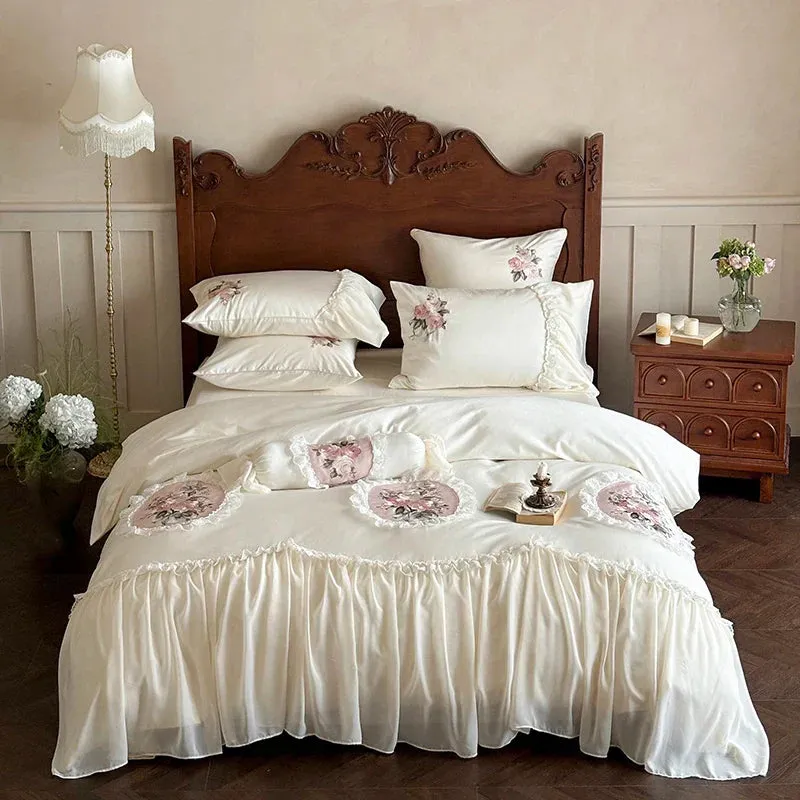 Flytonn-Pink Flowers Embroidery Lace Ruffles Wedding Bedding Set 1000TC Egyptian Cotton Duvet Cover Flat/Fitted Bed Sheet Pillowcases