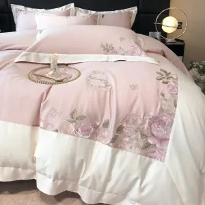 Flytonn-Rose Flowers Embroidery Bedding Set, Pink 600TC Egyptian Cotton, Duvet Cover, Bed Sheet, Fitted Sheet, Pillowcases, Luxury, 4Pcs