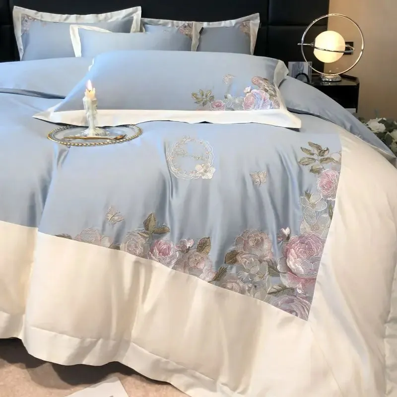 Flytonn-Rose Flowers Embroidery Bedding Set, Pink 600TC Egyptian Cotton, Duvet Cover, Bed Sheet, Fitted Sheet, Pillowcases, Luxury, 4Pcs
