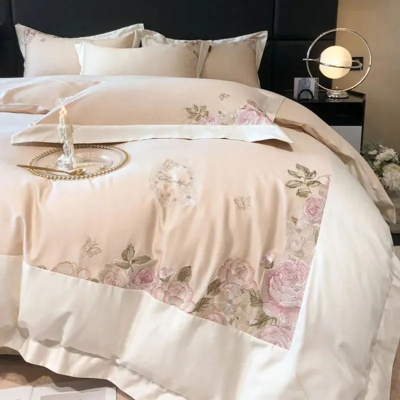 Flytonn-Rose Flowers Embroidery Bedding Set, Pink 600TC Egyptian Cotton, Duvet Cover, Bed Sheet, Fitted Sheet, Pillowcases, Luxury, 4Pcs