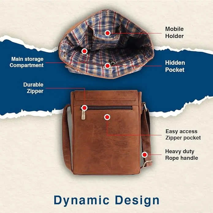 Genuine Leather Vintage Travel Messenger Sling Side Documents Bags| 2 Compartments |2 Inner Pockets |1 Back