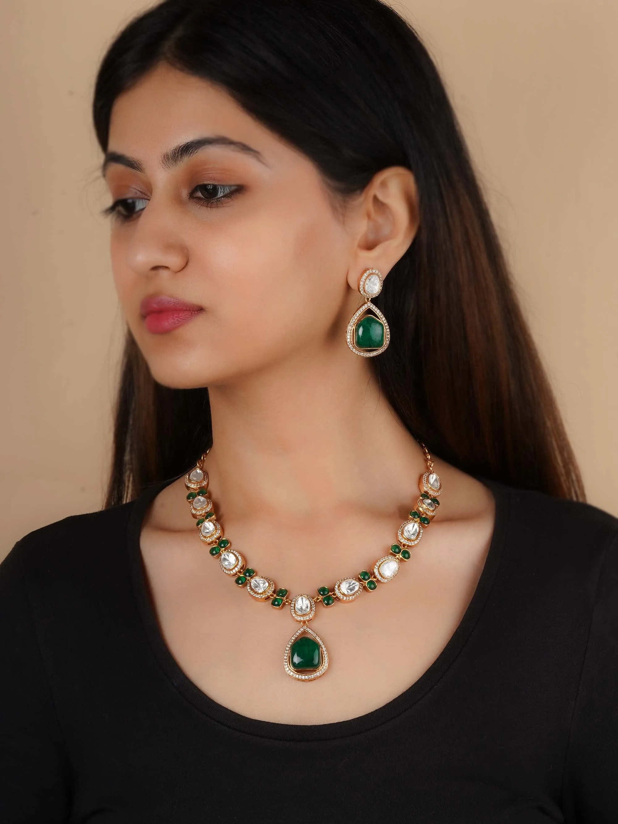 Gold Plated Faux Polki Necklace Set - PK-S223