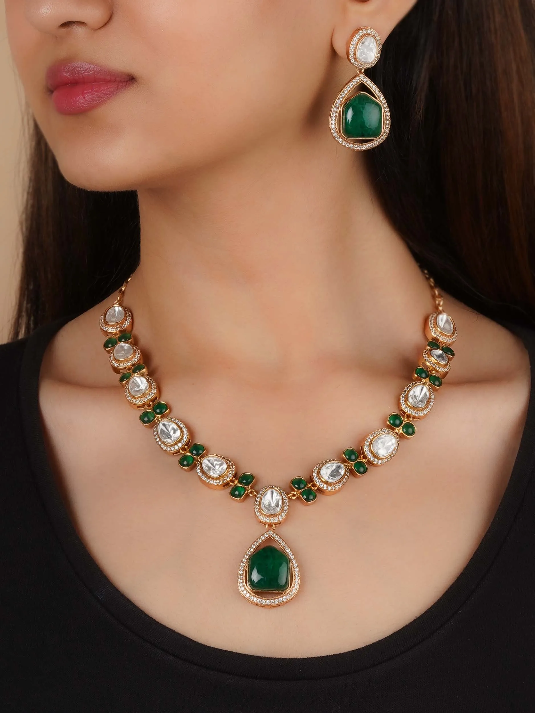Gold Plated Faux Polki Necklace Set - PK-S223