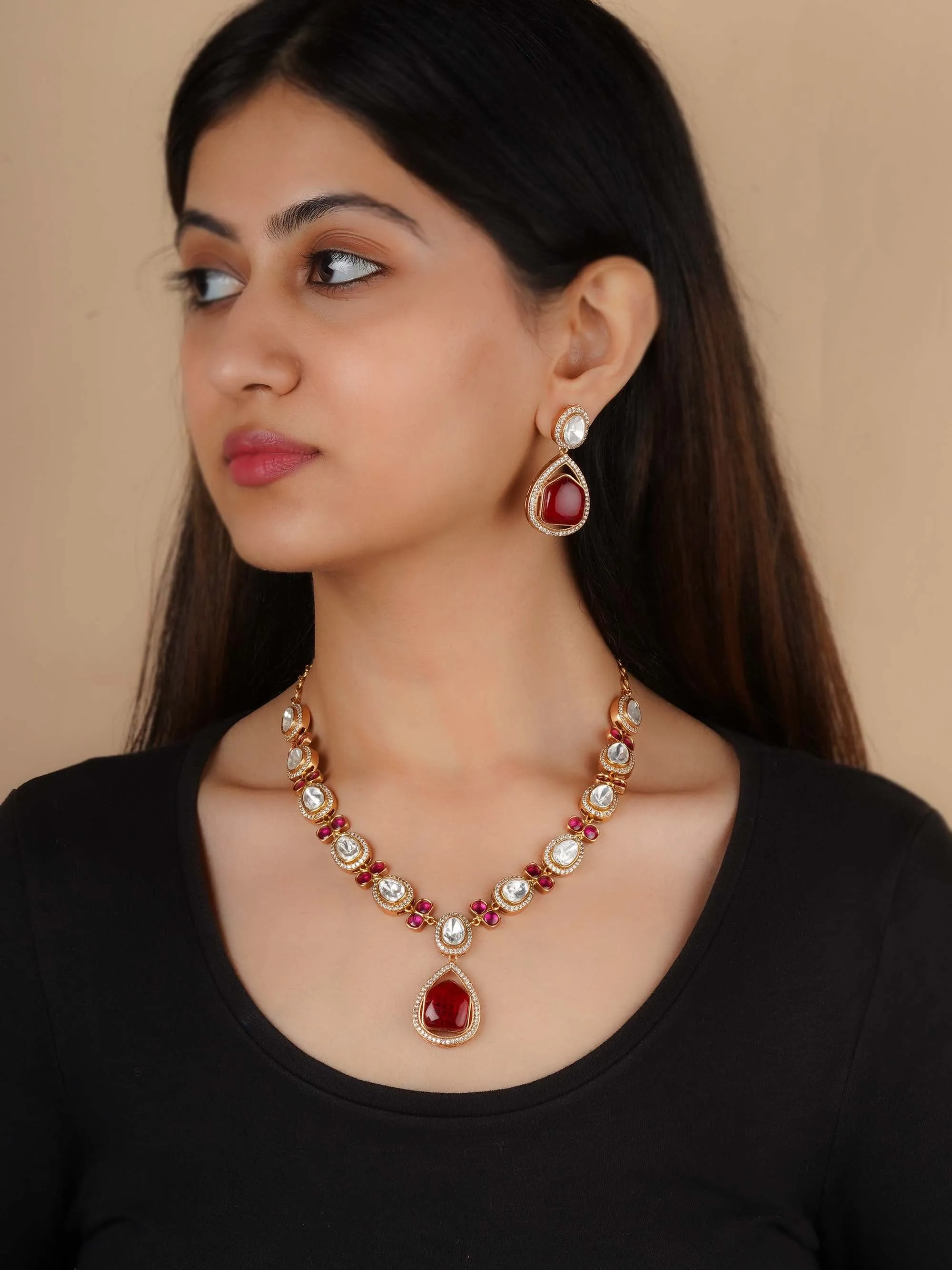 Gold Plated Faux Polki Necklace Set - PK-S223