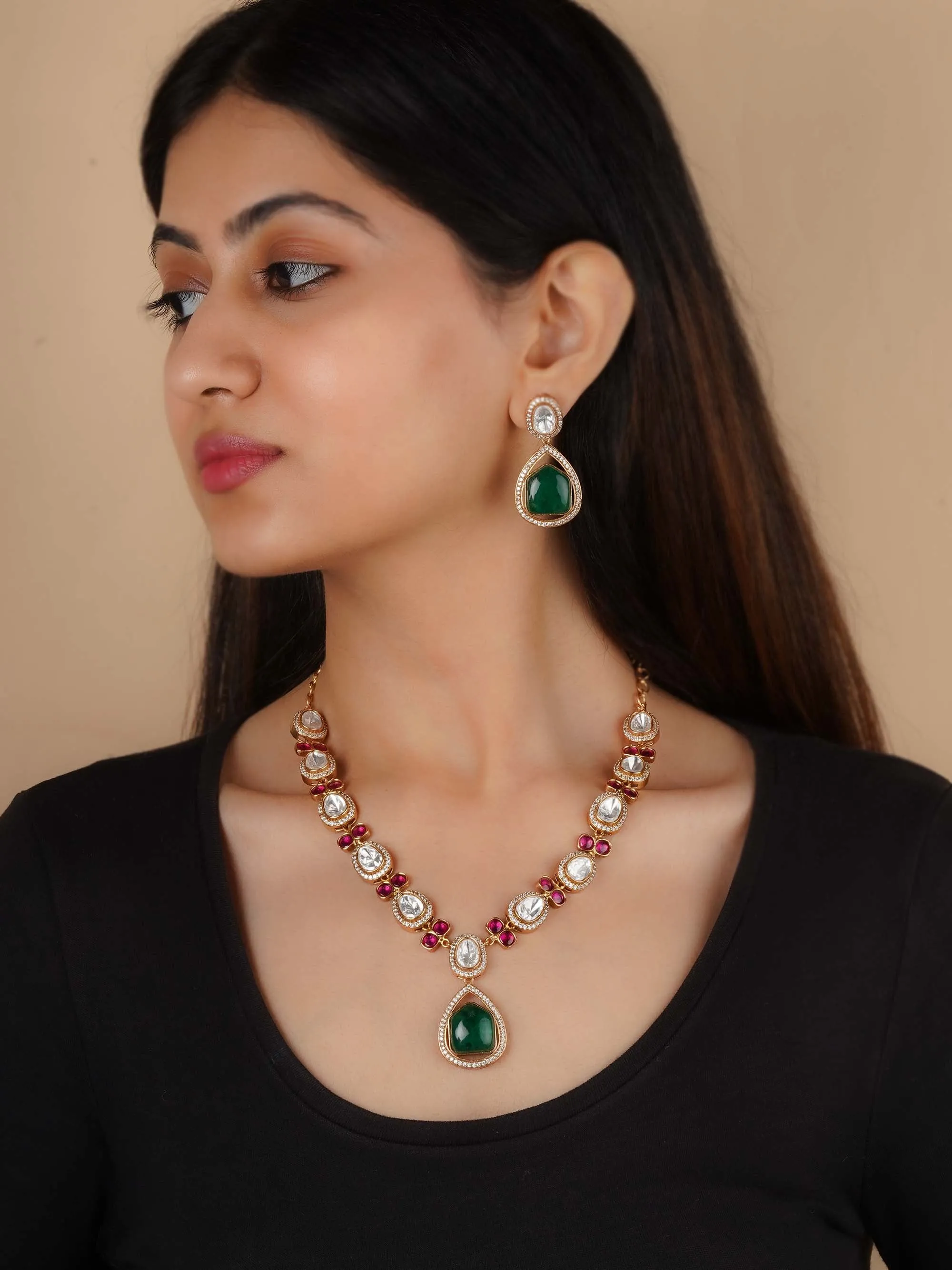Gold Plated Faux Polki Necklace Set - PK-S223