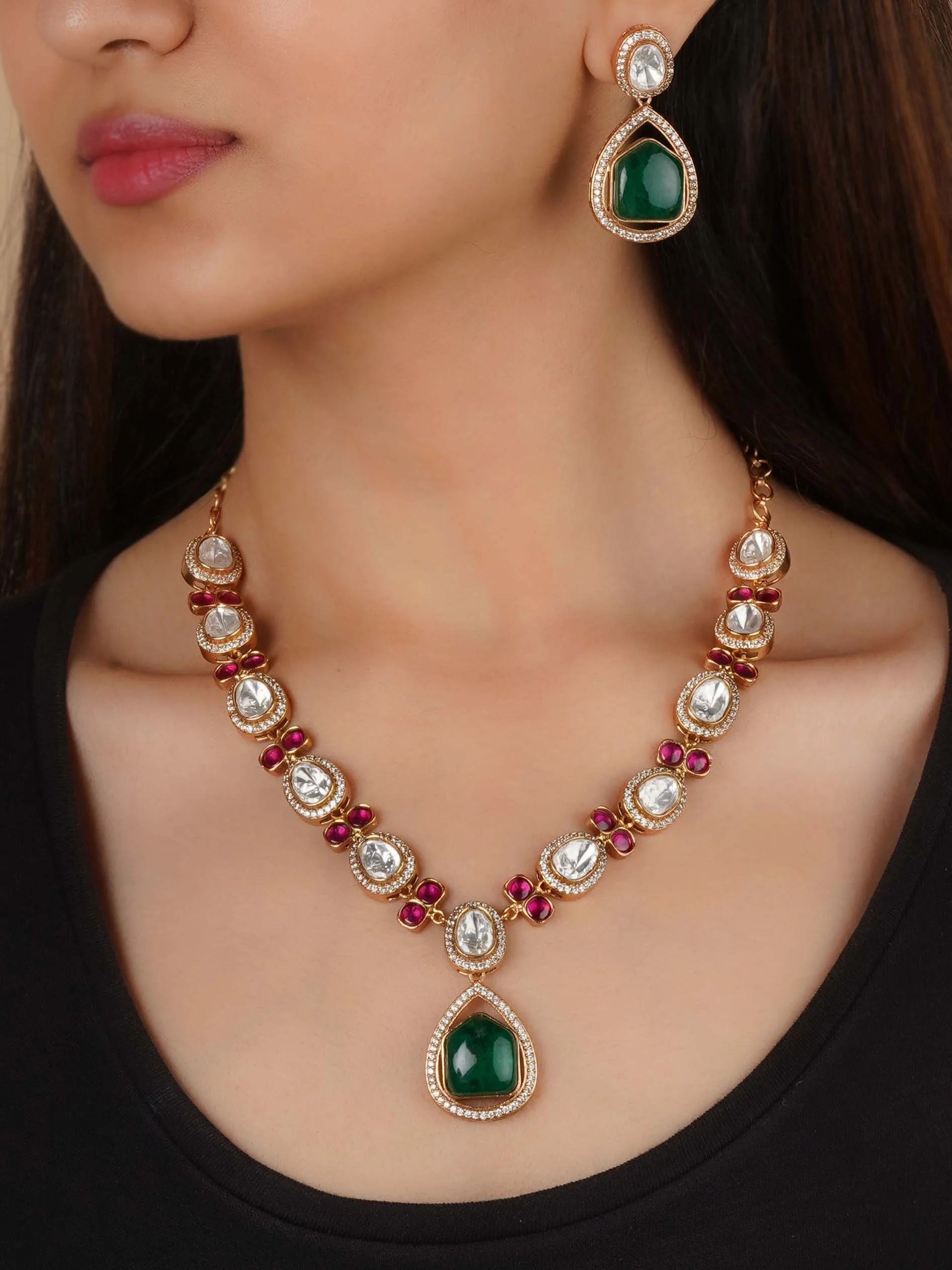 Gold Plated Faux Polki Necklace Set - PK-S223