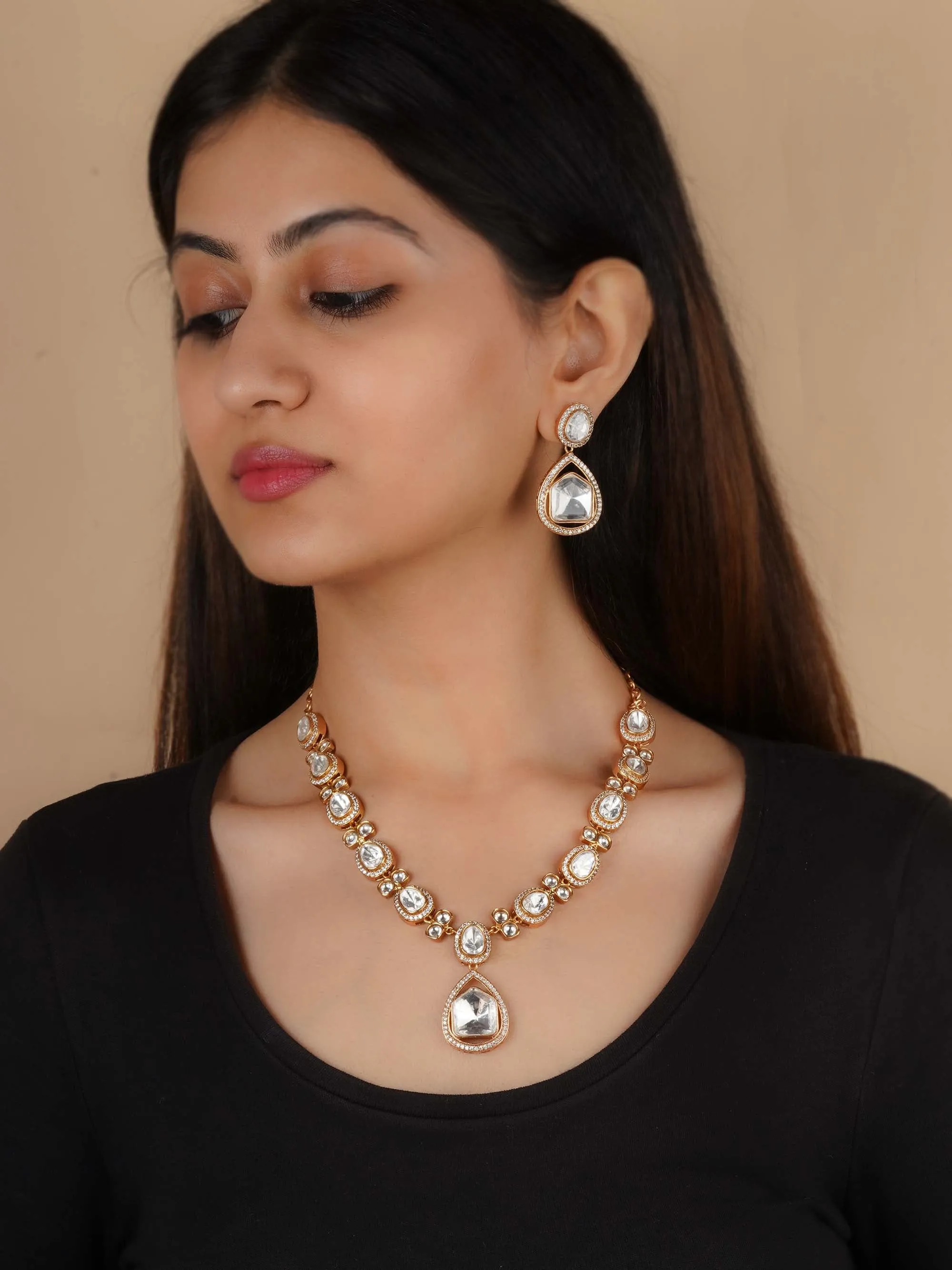 Gold Plated Faux Polki Necklace Set - PK-S223