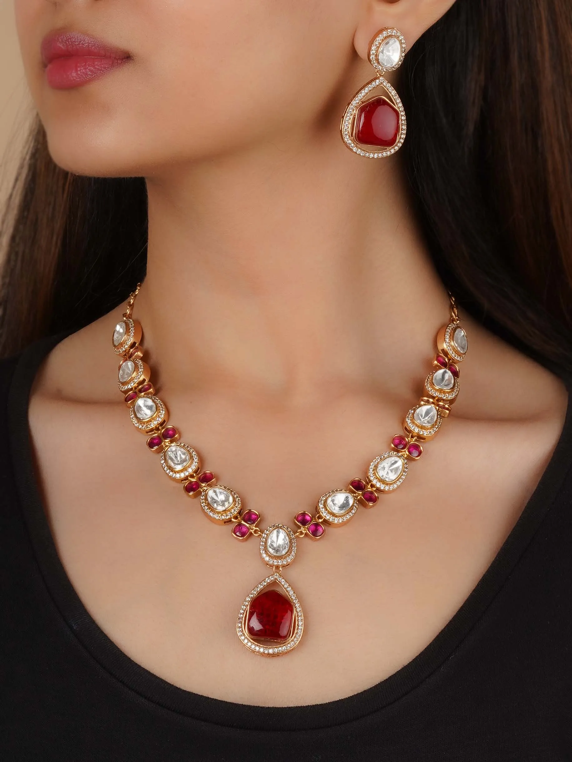 Gold Plated Faux Polki Necklace Set - PK-S223