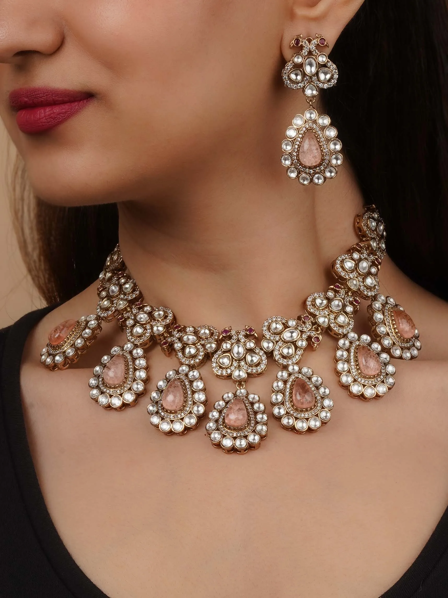 Gold Plated Faux Polki Necklace Set - PK-S284