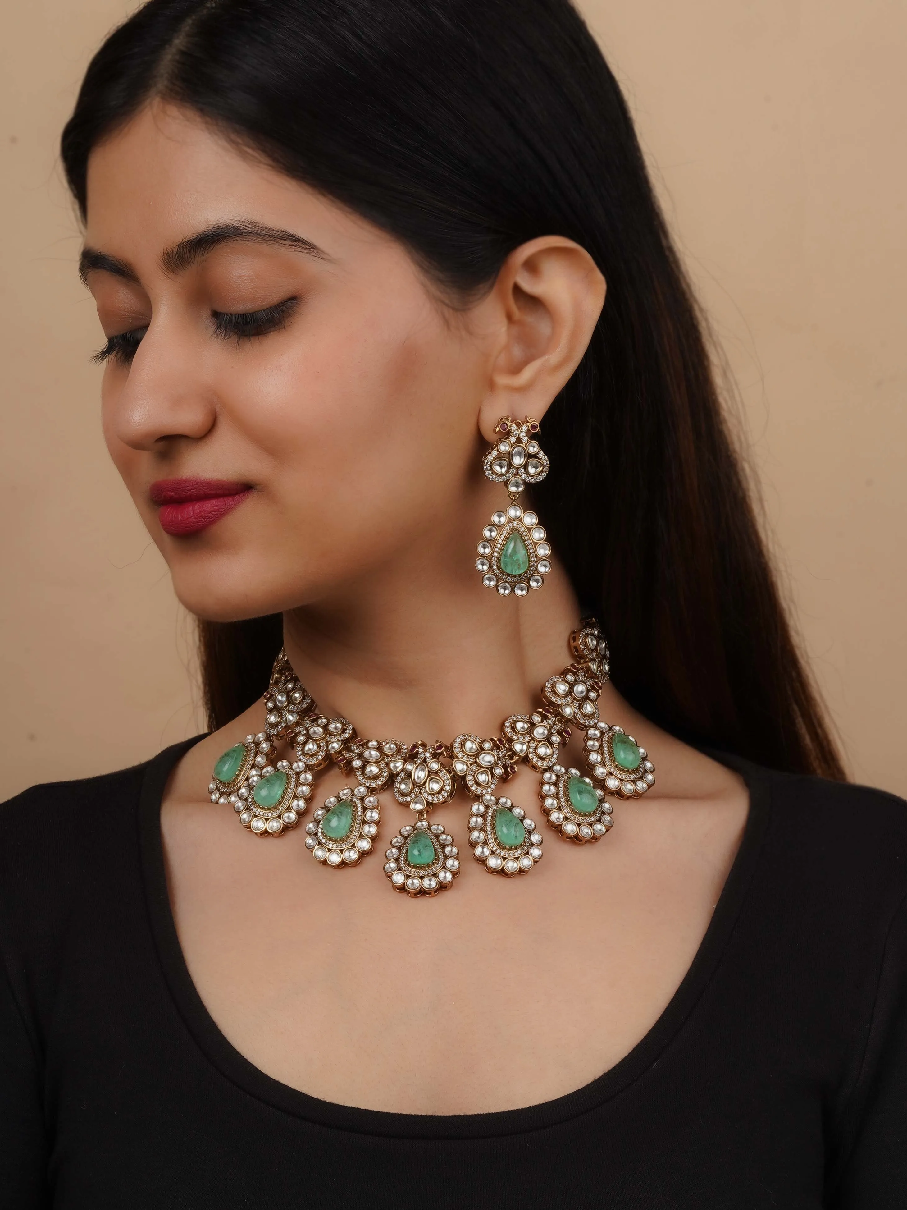 Gold Plated Faux Polki Necklace Set - PK-S284