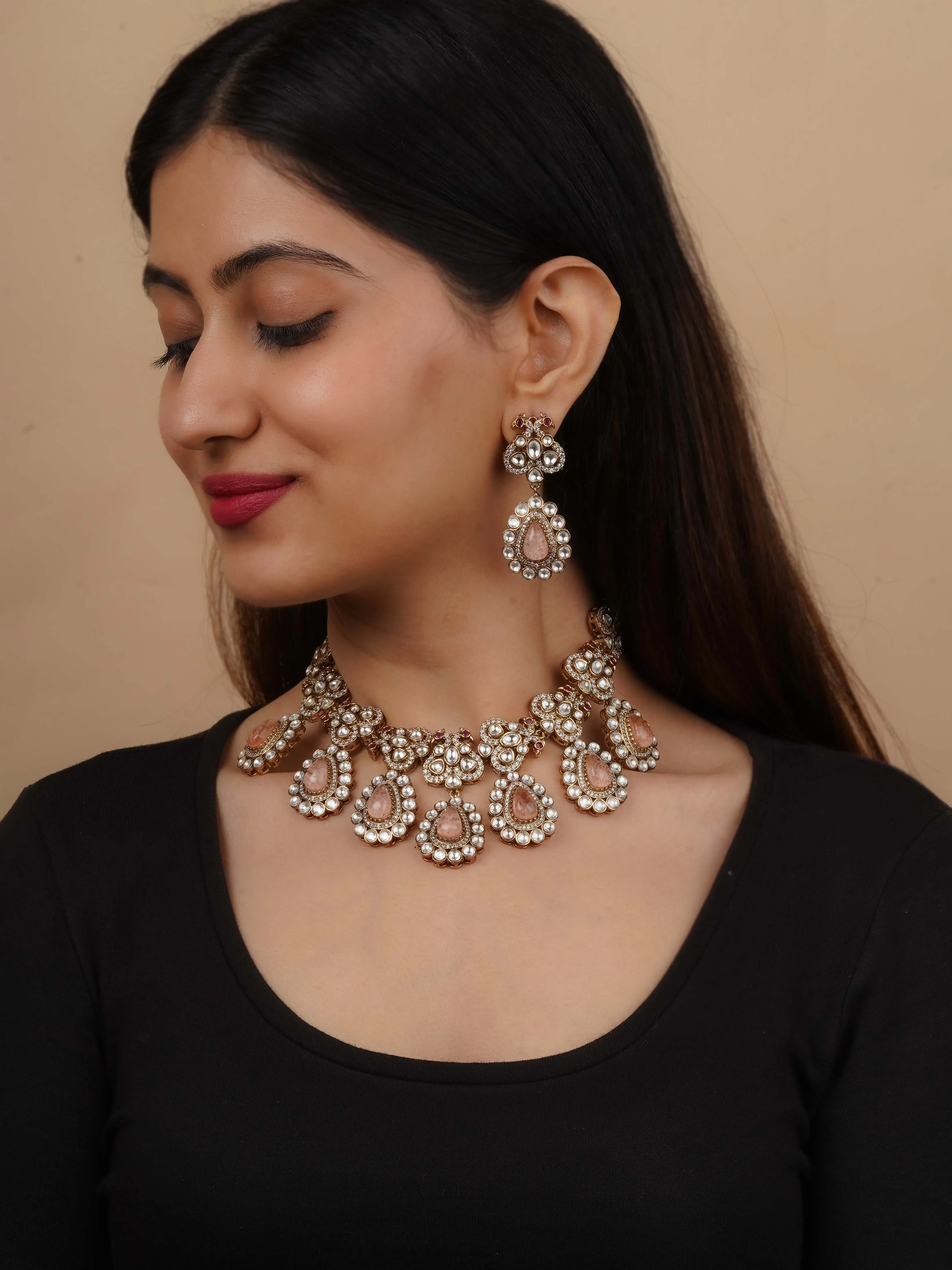 Gold Plated Faux Polki Necklace Set - PK-S284