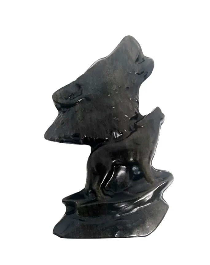 Golden Obsidian Crystal Wolf Carving