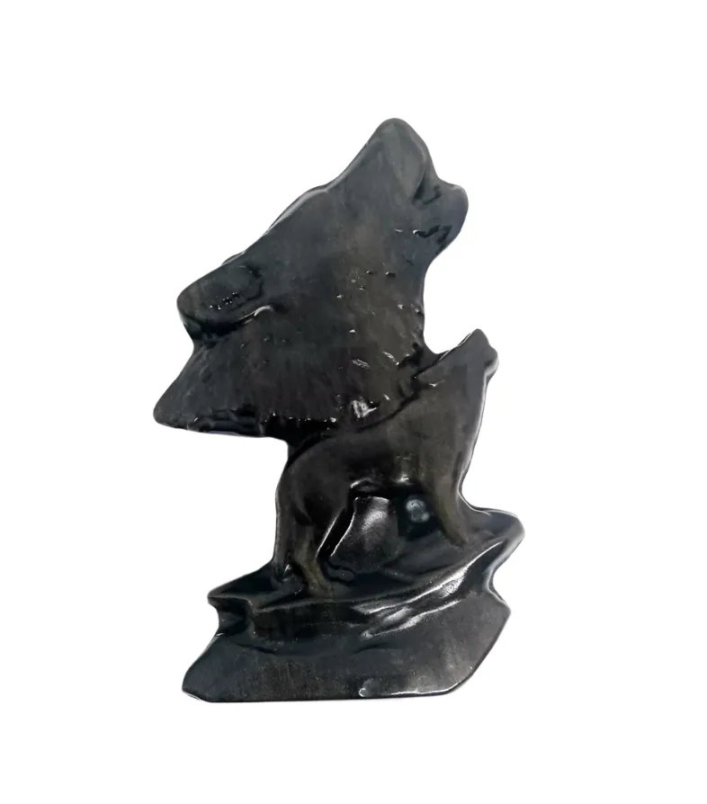 Golden Obsidian Crystal Wolf Carving