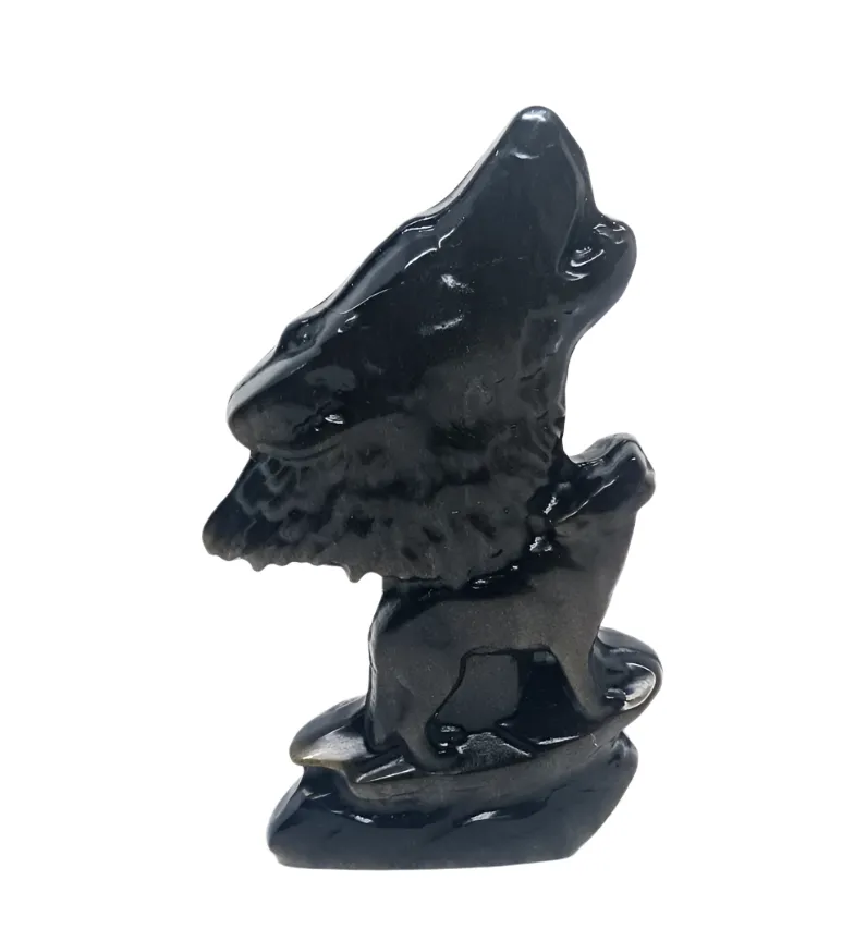 Golden Obsidian Crystal Wolf Carving