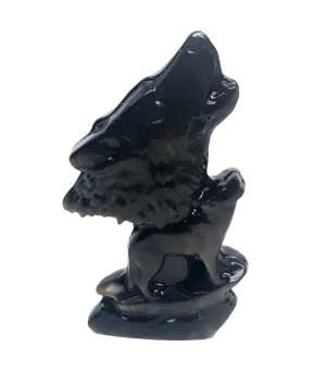 Golden Obsidian Crystal Wolf Carving