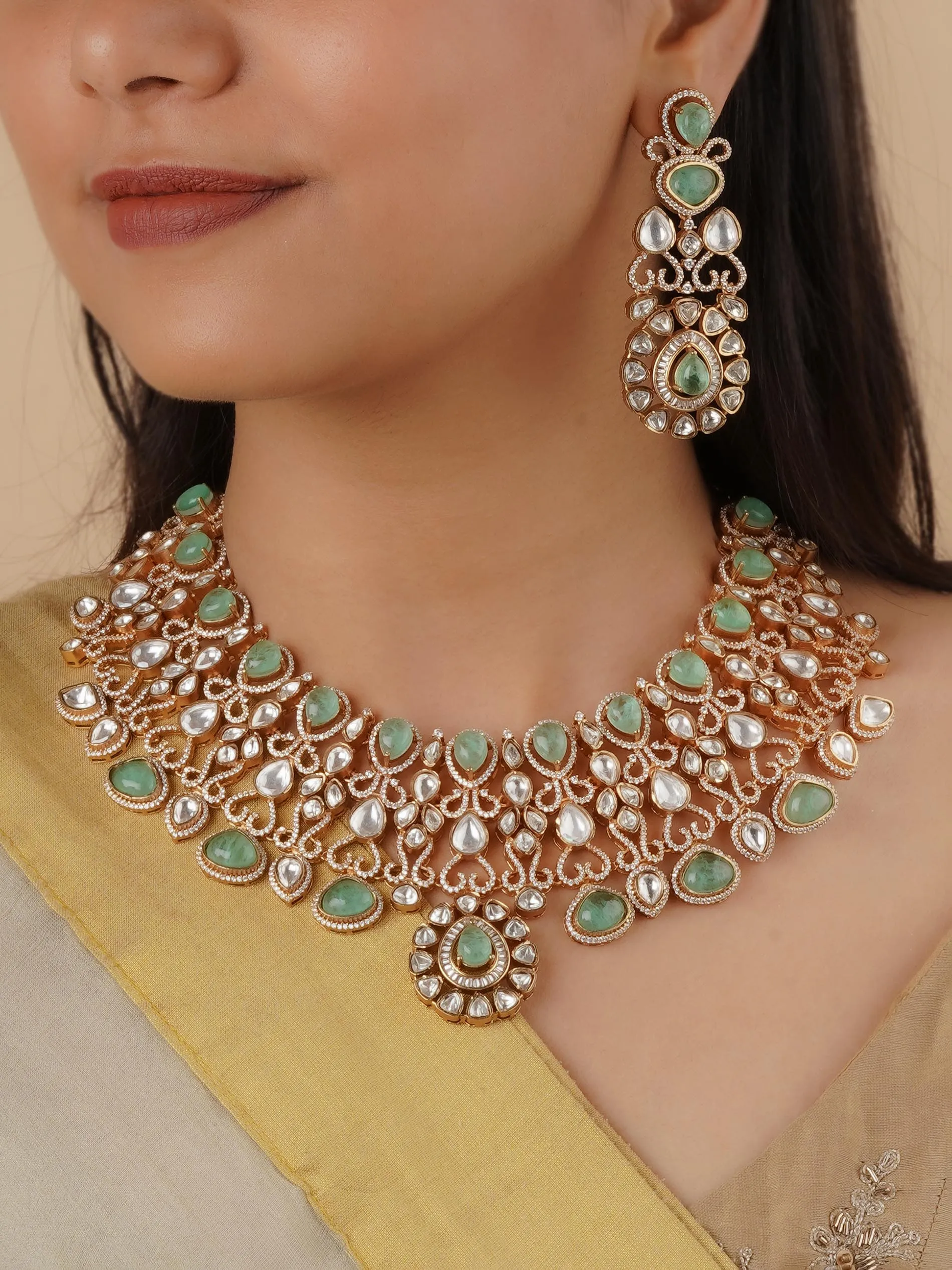 Green Color Gold Plated Faux Polki Bridal Necklace Set - PK-S157LGR