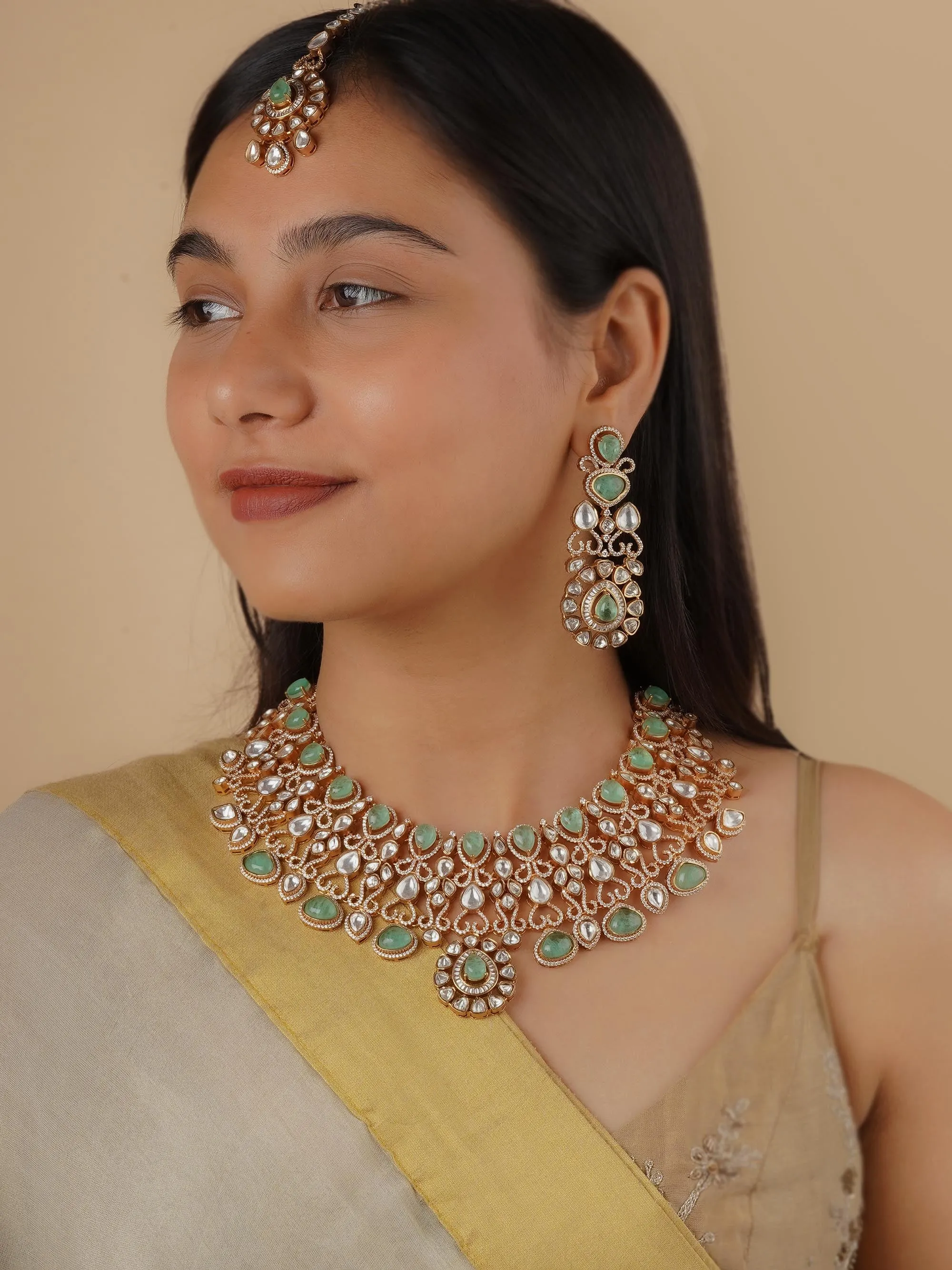 Green Color Gold Plated Faux Polki Bridal Necklace Set - PK-S157LGR