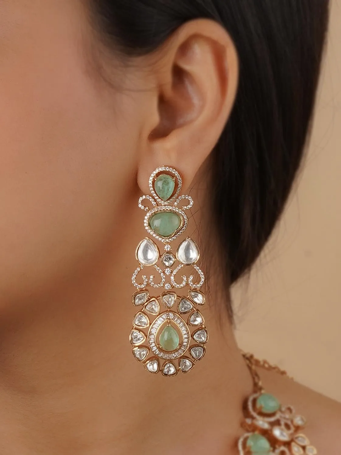Green Color Gold Plated Faux Polki Bridal Necklace Set - PK-S157LGR