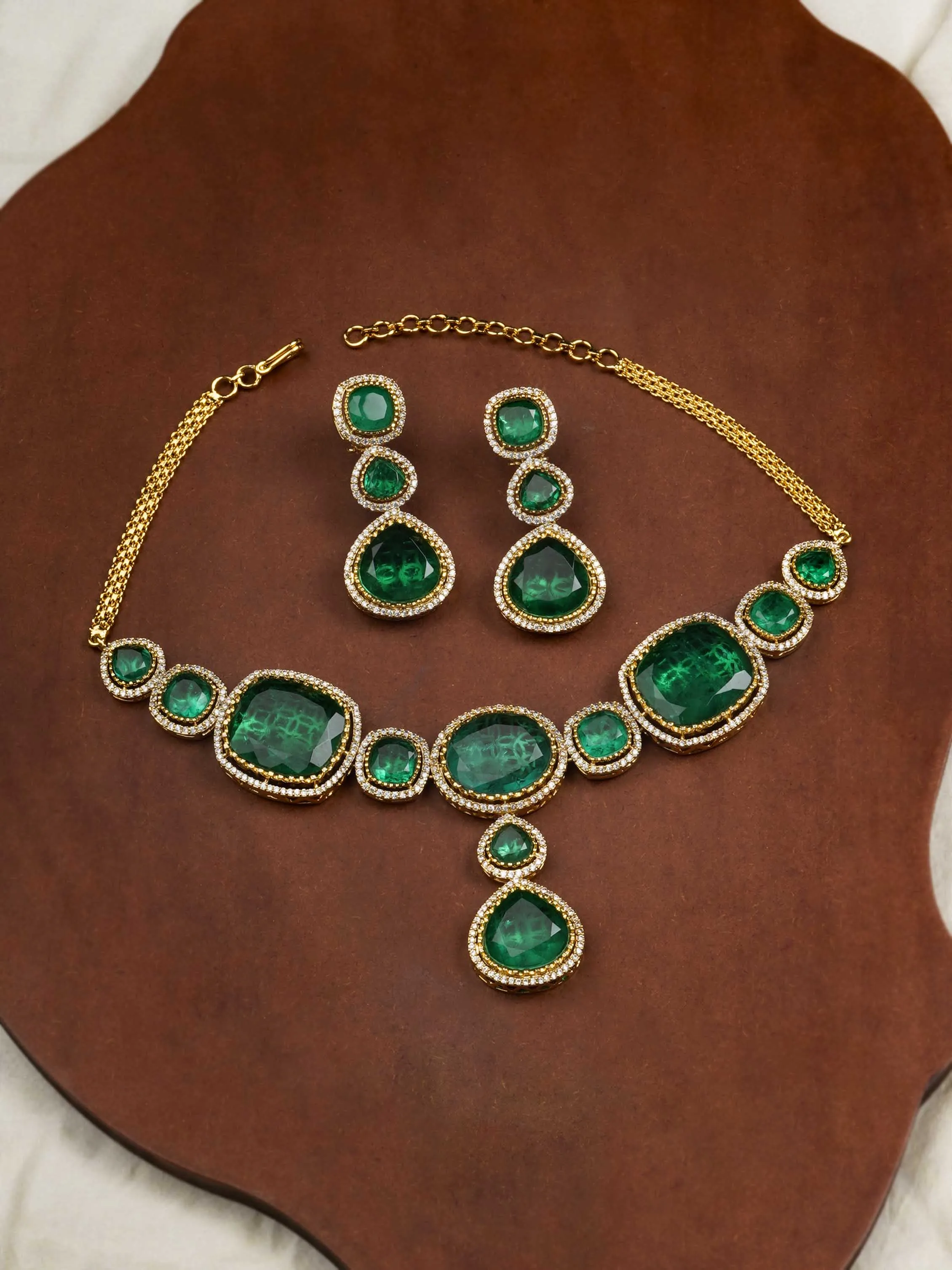 Green Color Gold Plated Faux Polki Necklace Set - PK-S132GR