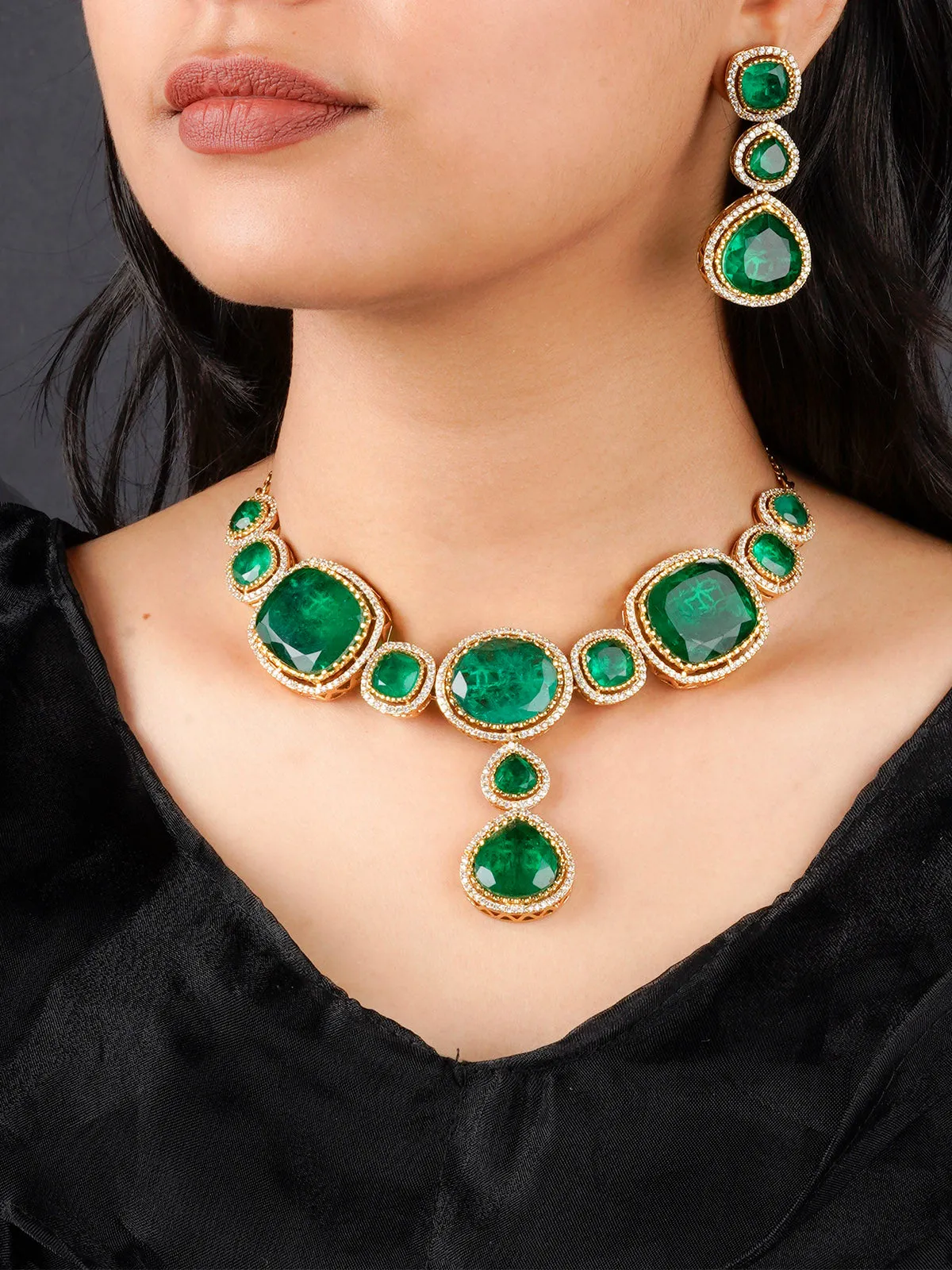 Green Color Gold Plated Faux Polki Necklace Set - PK-S132GR