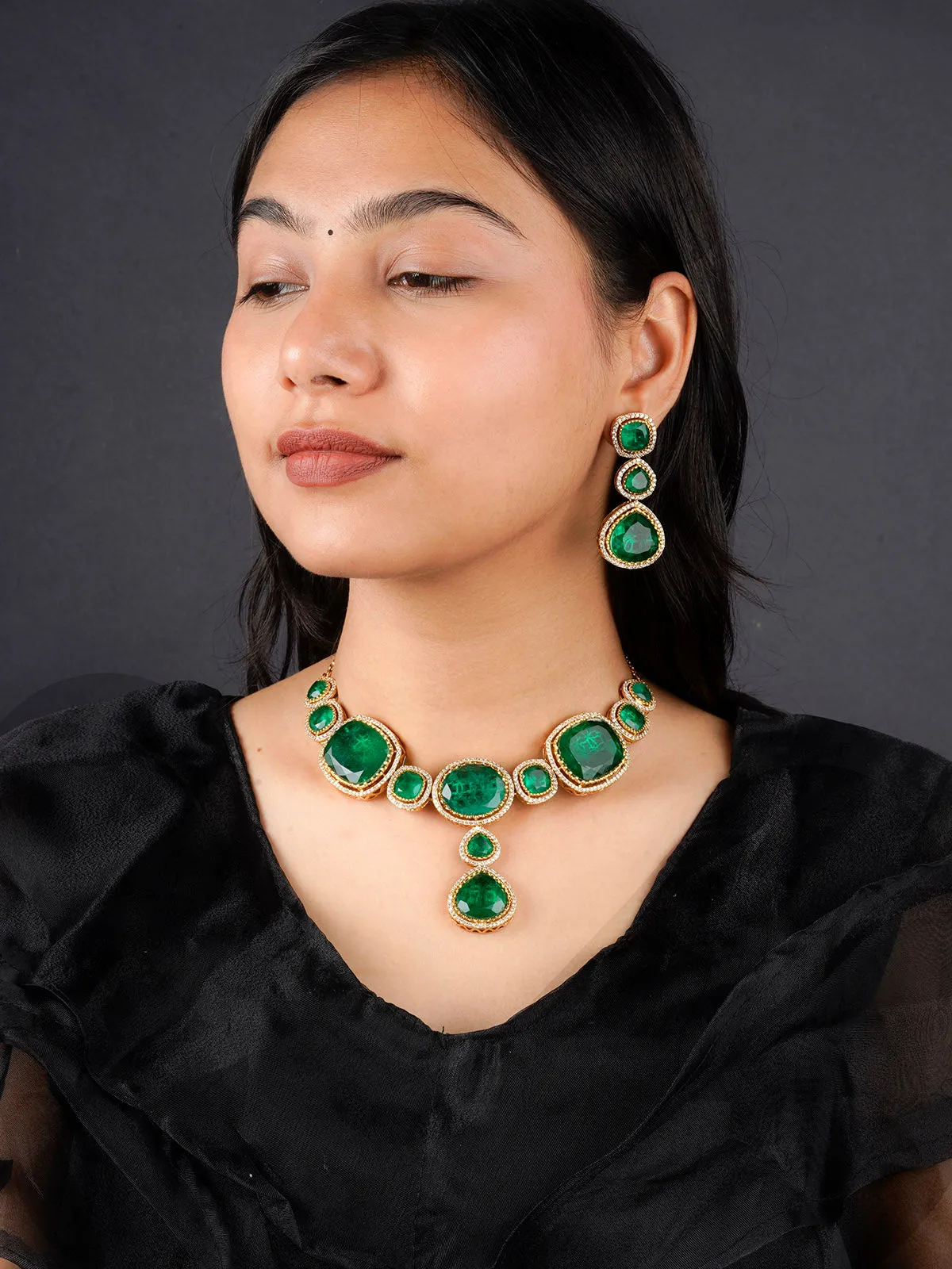 Green Color Gold Plated Faux Polki Necklace Set - PK-S132GR