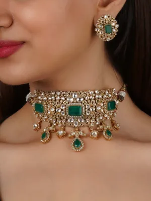 Green Color Gold Plated Faux Polki Necklace Set - PK-S280GR