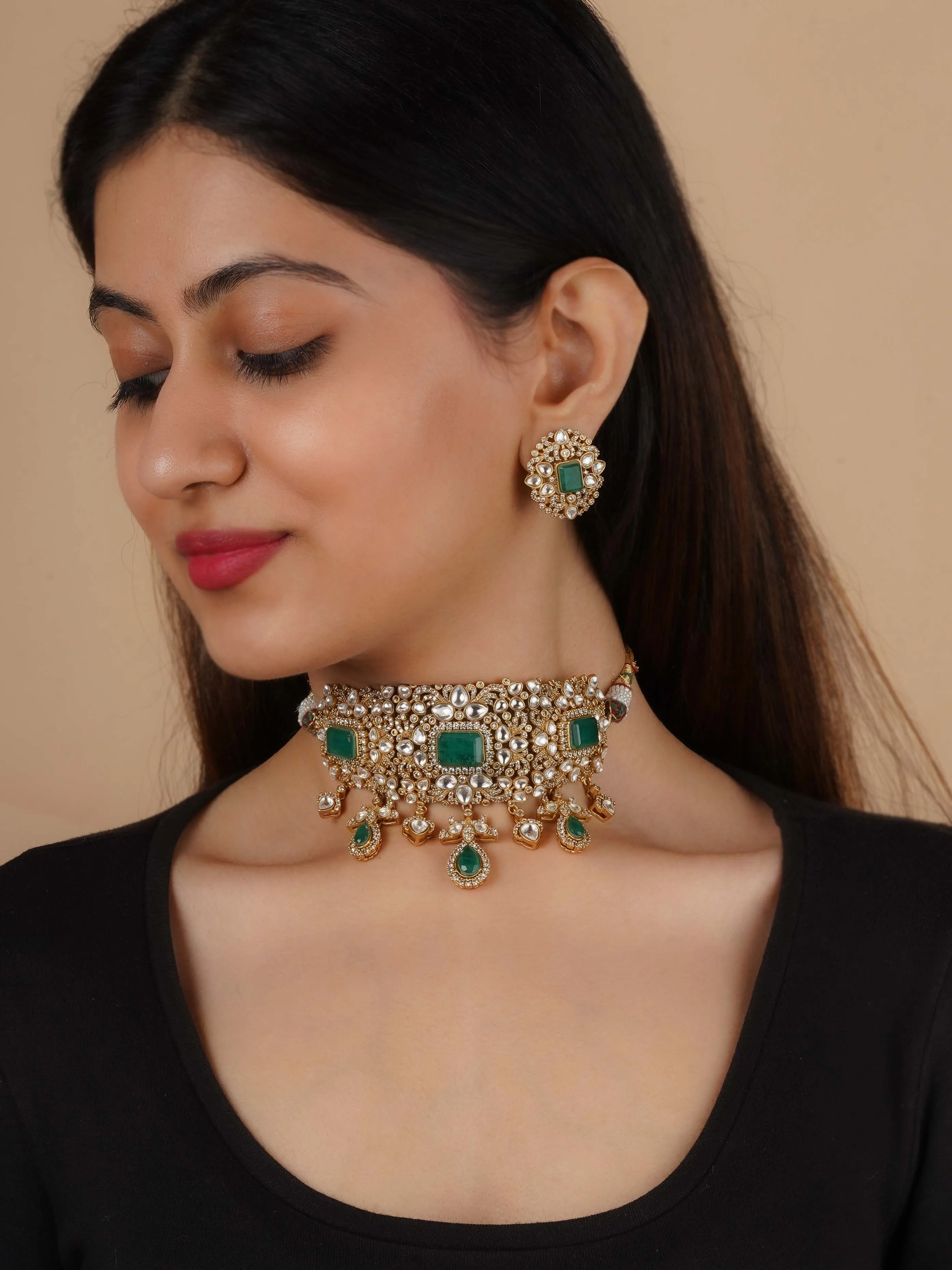 Green Color Gold Plated Faux Polki Necklace Set - PK-S280GR