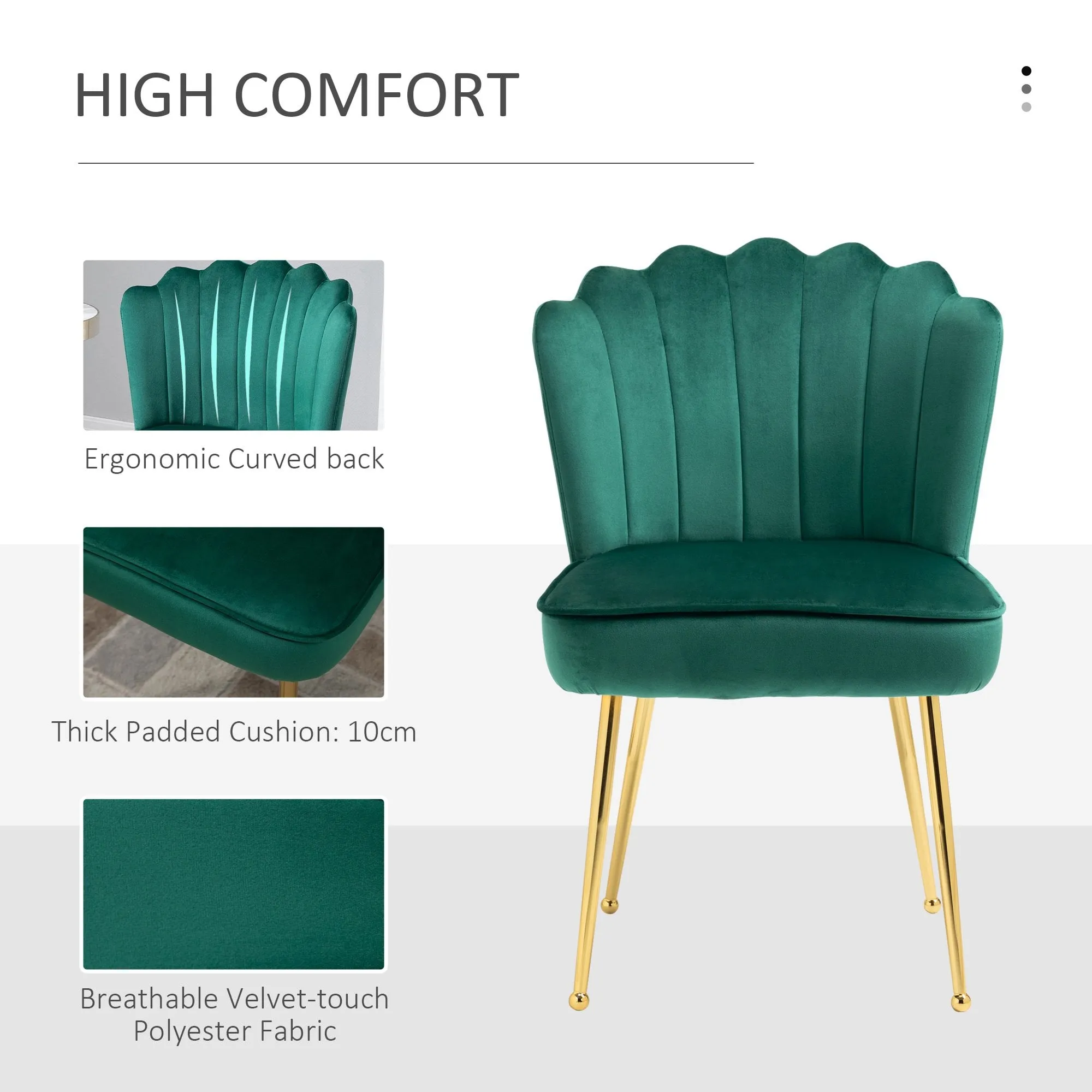 Green Velvet-Touch Vanity Chair Makeup Chair with Golden Metal Legs for Living Room & Dining Room