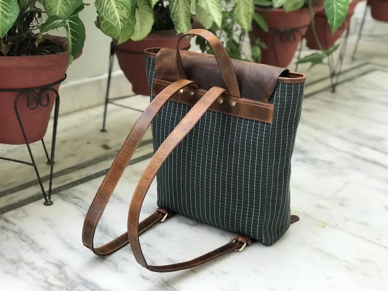Green Waterproof Canvas Leather Backpack.
