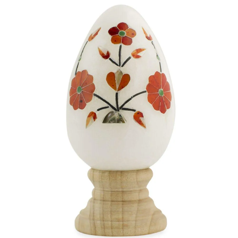 Hand Carved and Inlaid Flowers Gemstone Easter Egg
