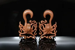 Hand Carved Wood Octopus Ear Hangers (Pair) - A052