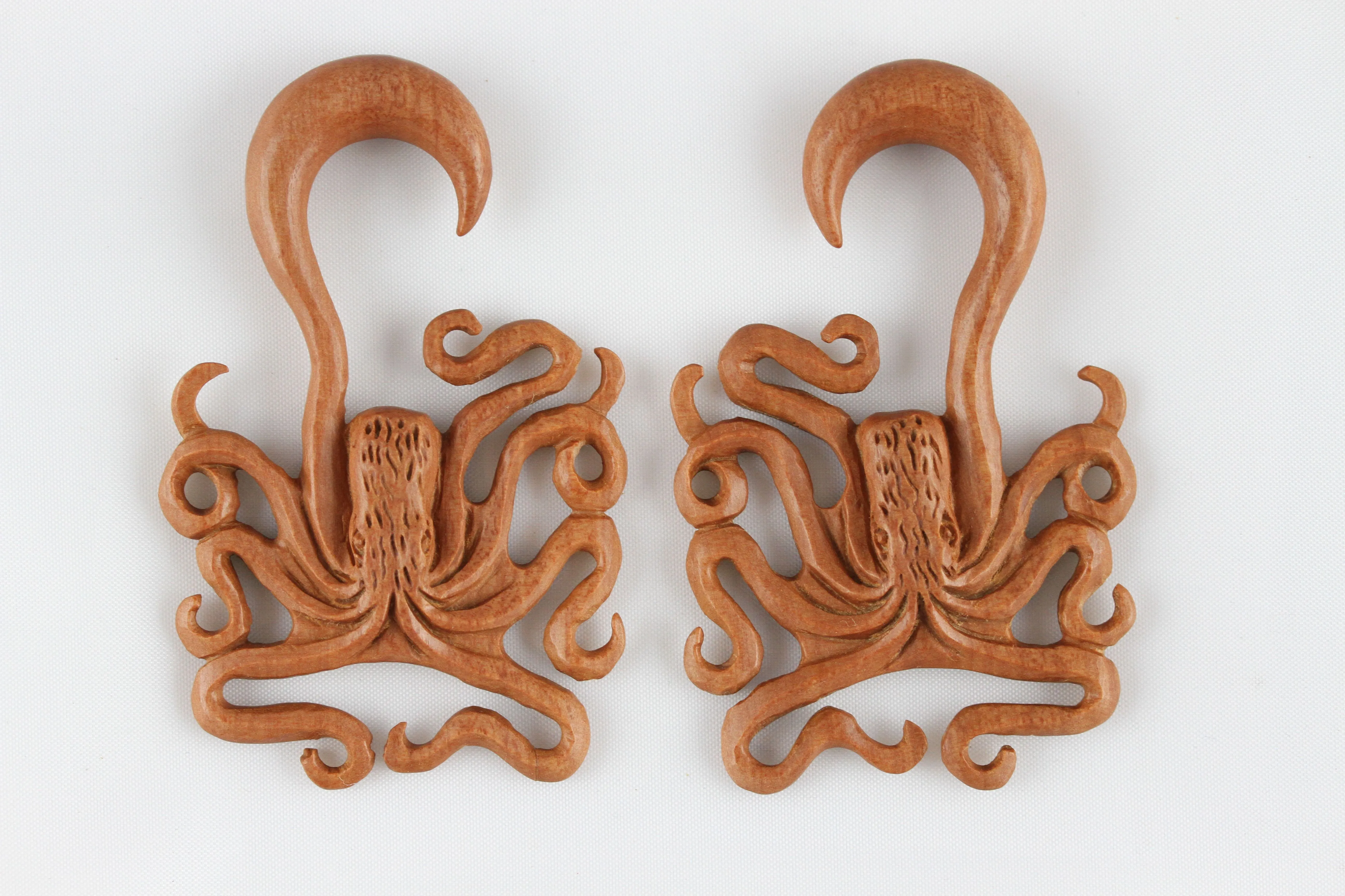 Hand Carved Wood Octopus Ear Hangers (Pair) - A052